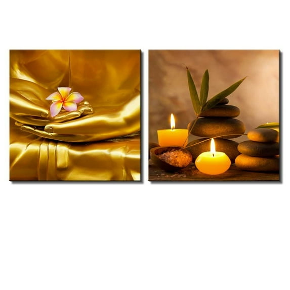 wall26 Two Piece Canvas - Copper Buddha Holding a Plumeria Along with Candles and Rocks on 2 Panels - Canvas Art Home Art - 12x12 inches