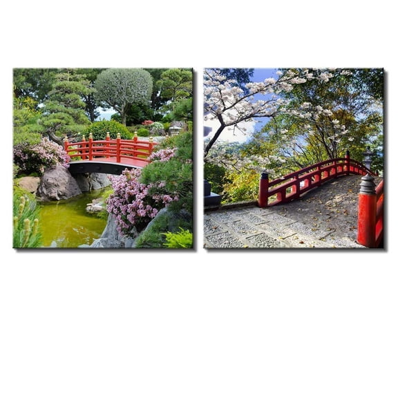 wall26 Two Piece Canvas - Red Bridge Over a Lake Surrounded by Beautiful Trees on 2 Panels - Canvas Art Home Art - 12x12 inches