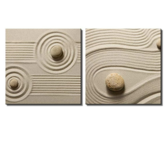 wall26 Two Piece Canvas - Rocks on Soft Sand with Striped and Raked Patterns on 2 Panels - Canvas Art Home Art - 24x24 inches