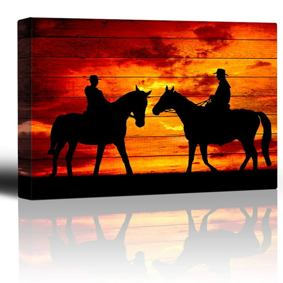wall26 - Two Riders Meet While on Horseback - Sunset on The Range - Cowboy Art - Country Western Silhouettes - Canvas Art Home Art - 12x18 inches
