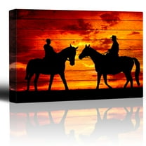 wall26 - Two Riders Meet While on Horseback - Sunset on The Range - Cowboy Art - Country Western Silhouettes - Canvas Art Home Art - 16x24 inches