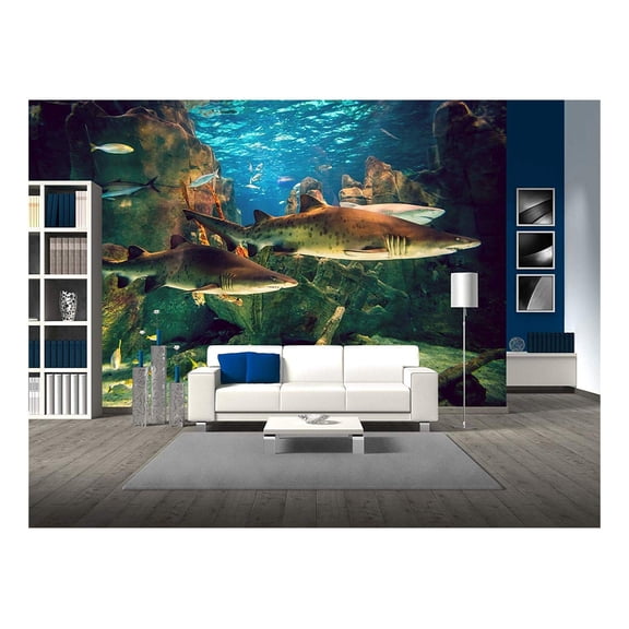wall26 - Two White Sharks in Istanbul Aquarium. - Removable Wall Mural | Self-Adhesive Large Wallpaper - 100x144 inches
