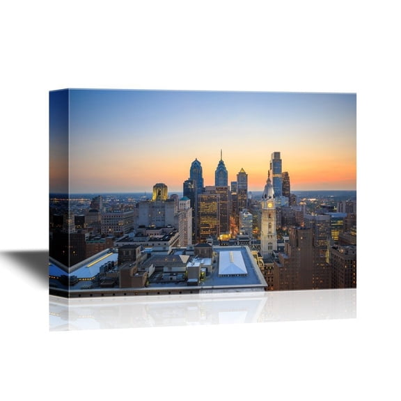 wall26 USA City Skyline Canvas Wall Art - Skyline of Downtown Philadelphia at Sunset - Gallery Wrap Modern Home Decor | Ready to Hang - 32x48 inches