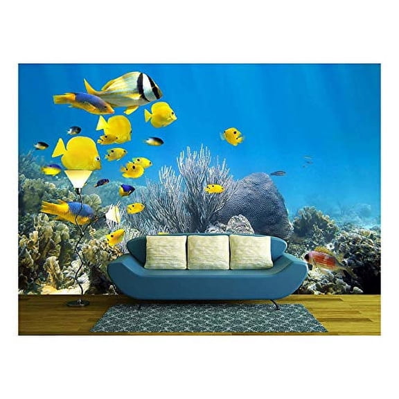 wall26 - Underwater Coral Reef Scenery with Colorful School of Fish - Removable Wall Mural | Self-Adhesive Large Wallpaper - 100x144 inches
