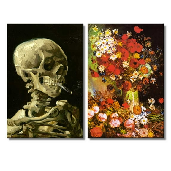 wall26 - Vase with Poppies, Cornflowers, Peonies and Chrysanthemums/Skull of a Skeleton with Burning Cigarette by Vincent Van Gogh - Oil Painting Reproduction in Set of 2-16" x 24" x 2 Pane