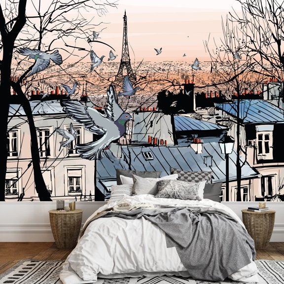 wall26 - Vector - Montmartre in Paris with Eiffel Tower - Vector Illustration - Removable Wall Mural | Self-Adhesive Large Wallpaper - 66x96 inches