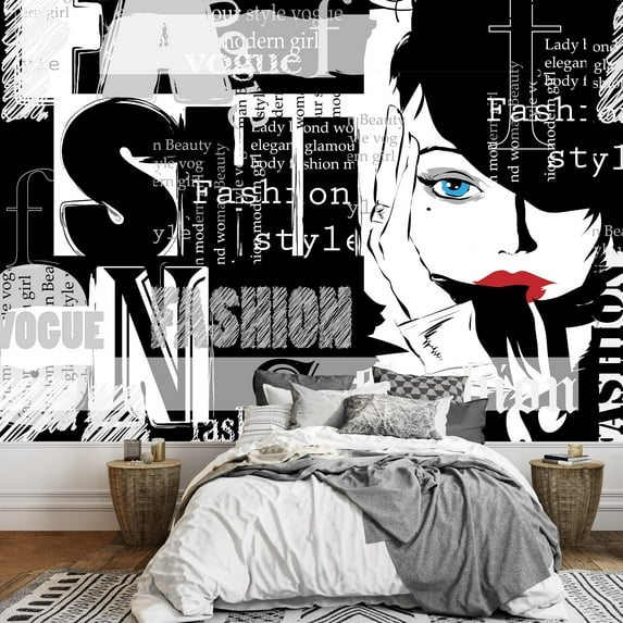 wall26 - Vintage Fashion Background. Letters, Words and Stylish Girl - Removable Wall Mural | Self-Adhesive Large Wallpaper - 100x144 inches