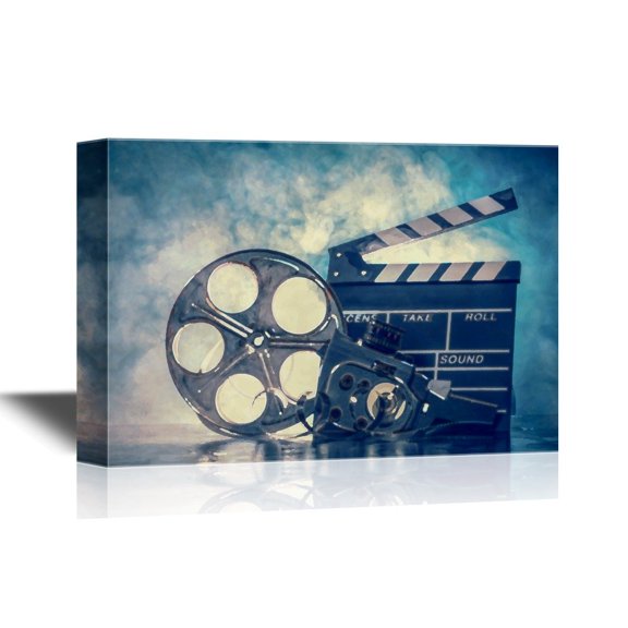 wall26 - Vintage Filming Equipment Canvas Wall Art - Vintage Projector and The Clapperboard - Gallery Wrap Modern Home Art | Ready to Hang - 12x18 inches