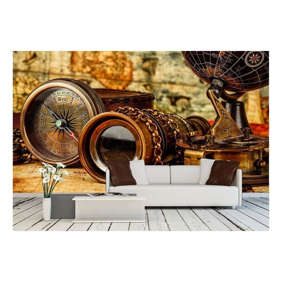 wall26 - Vintage Grunge Still Life. Vintage Items on Ancient Map. - Removable Wall Mural | Self-Adhesive Large Wallpaper - 66x96 inches