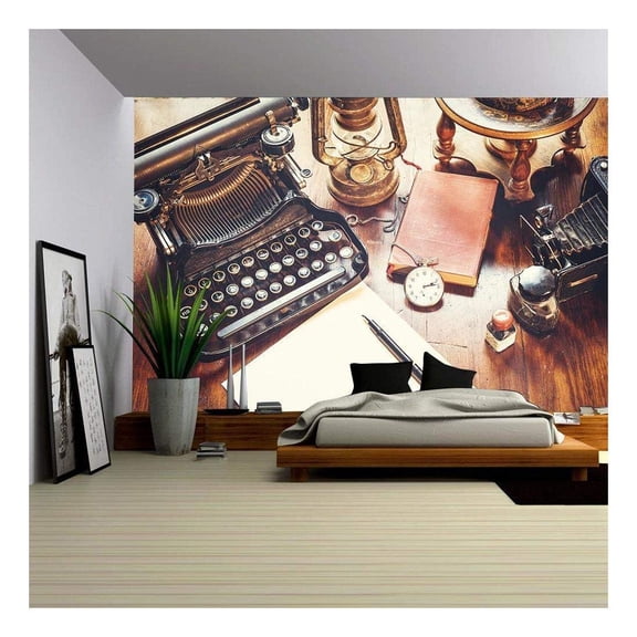 wall26 - Vintage Items, Camera, Pen, Globe, Clock, Typewriter on The Old Desk - Removable Wall Mural | Self-Adhesive Large Wallpaper - 100x144 inches