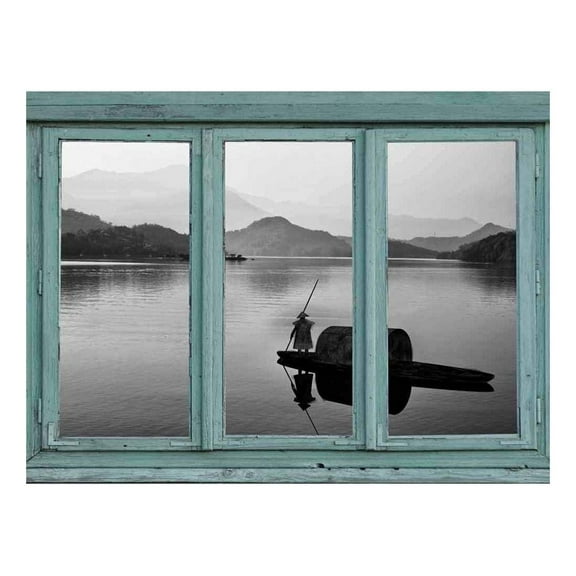 wall26 Vintage Teal Window Looking Out Into a Black and White Boat on a Lake with a Mountain View - Wall Mural, Removable Sticker, Home Decor - 24x32 inches