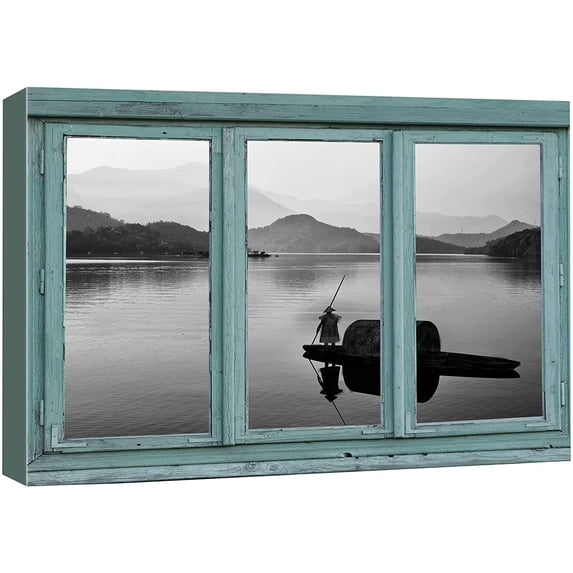 wall26 - Vintage Teal Window Looking Out Into a Black and White Boat on a Lake with a Mountain View - Canvas Art Home Art - 12"x18"