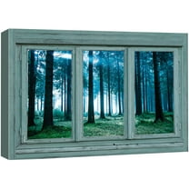 wall26 Vintage Teal Window Looking Out Into a Blue Foggy Forest - Canvas Art Home Art - 24x36 inches