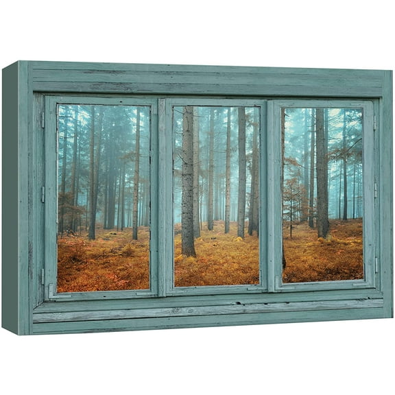 wall26 - Vintage Teal Window Looking Out Into a Blue Foggy Forest During Fall Time - Canvas Art Home Art - 32"x48"