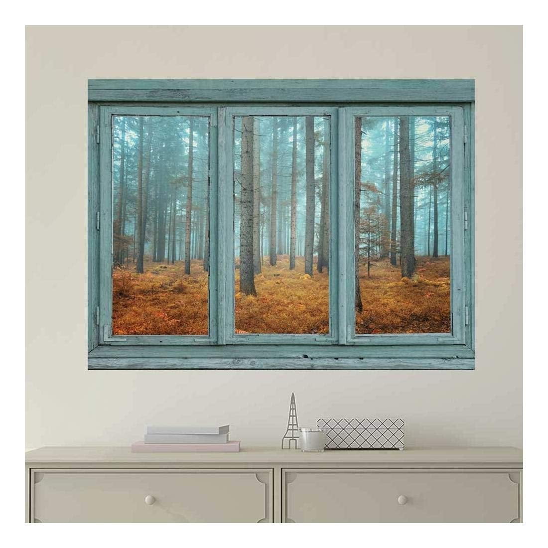 Vintage Teal Window Blue Foggy Forest Wall Mural