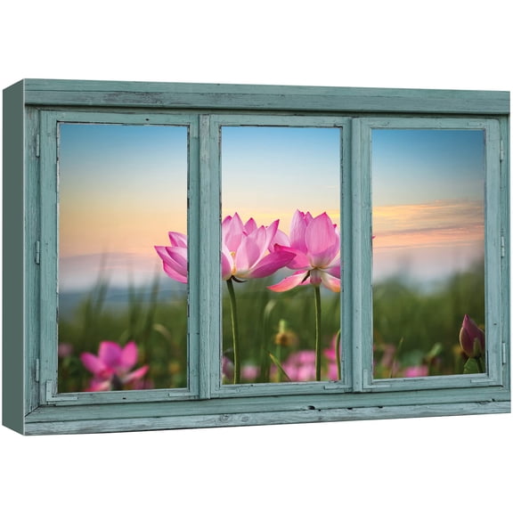 wall26 - Vintage Teal Window Looking Out Into a Field of Lotus Flowers - Canvas Art Home Art - 24x36 inches