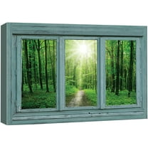 wall26 - Vintage Teal Window Looking Out Into a Green Forest and The Sun - Canvas Art Home Art - 12"x18"
