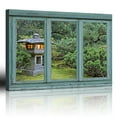 thumbnail image 1 of wall26 - Vintage Teal Window Looking Out Into a Japanese Garden with a Lamp Post - Canvas Art Home Art - 24x36 inches, 1 of 3