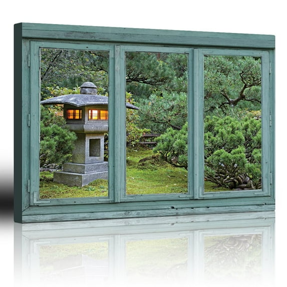 wall26 - Vintage Teal Window Looking Out Into a Japanese Garden with a Lamp Post - Canvas Art Home Art - 24x36 inches