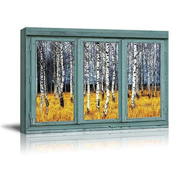 wall26 - Vintage Teal Window Looking Out Into a an Aspen Tree Forest During Fall Time - Canvas Art Home Art - 24x36 inches