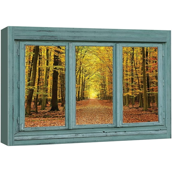 wall26 Vintage Teal Window Looking Out Into an Orange Forest During The Fall - Canvas Art Home Art - 16"x24"