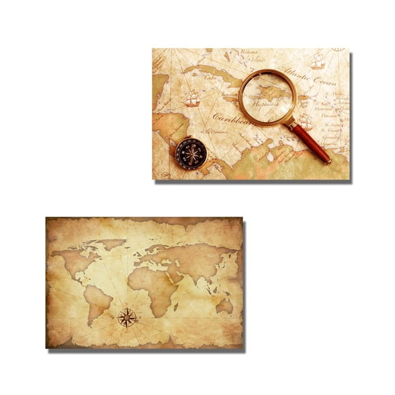 wall26 Vintage Voyage Theme with Grunge Map Globe Brass Compass and Magnifier - Canvas Art Wall Art - 16"x24" x 2 Panels