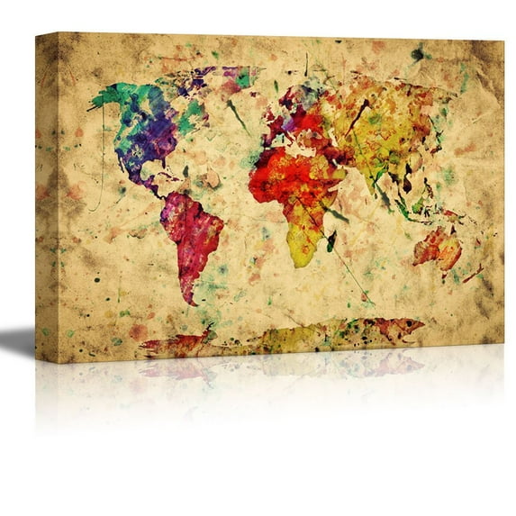 wall26 Vintage World Map Colorful Paint Watercolor Retro Style Expression on Grunge Old Paper - Canvas Art Wall Art - 24" x 36"
