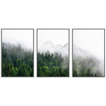 wall26 Wall Art Print Set Fog Over The Mountain Forest Nature Wilderness Photography Modern Rustic Scenic Colorful Multicolor for Living Room, Bedroom, Office - 24&quot;x36&quot;x3 White