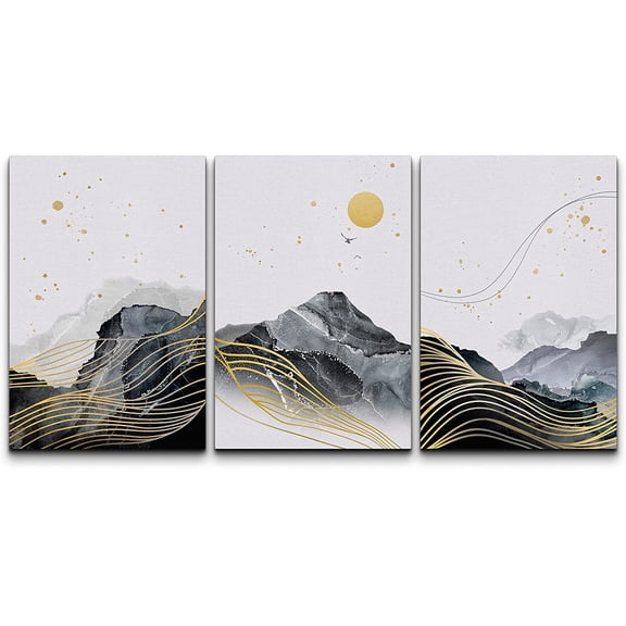 wall26 Wall Art Print Set Golden Line Art Over Misty Mountain Ranges Abstract Nature Digital Art Modern Art Bohemian Colorful Dark for Living Room, Bedroom, Office - 24"x36" x 3 Panels