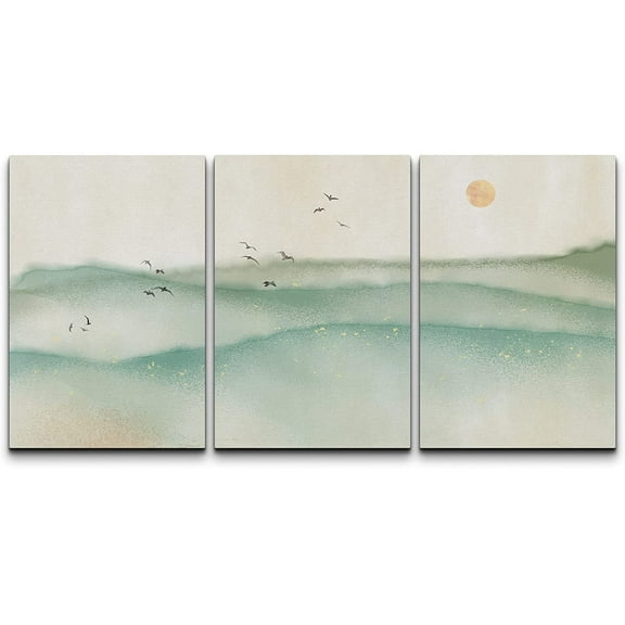 wall26 Wall Art Print Set Green Watercolor Mountains with Birds Nature Wilderness Illustrations Modern Art Rustic Scenic Colorful for Living Room, Bedroom, Office - 24"x36" x 3 Panels
