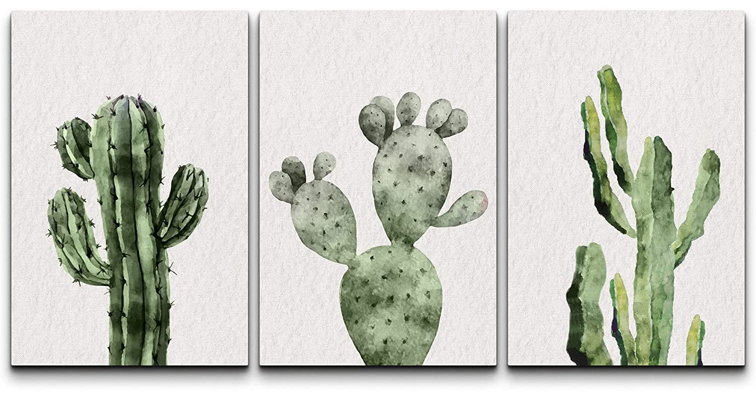 Modern Green Cactus Geometric Canvas Wall Art Set