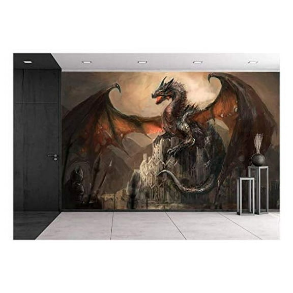 wall26 - War with The Dragon on Castle - Removable Wall Mural | Self-Adhesive Large Wallpaper - 66x96 inches
