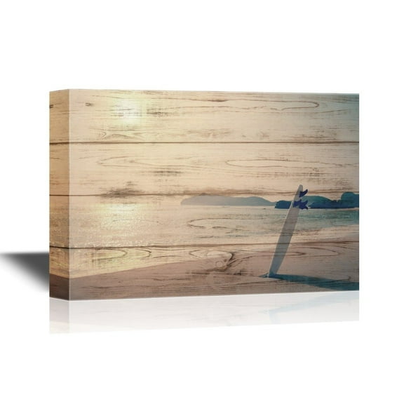 wall26 - Water Entertainment Canvas Wall Art - Old Photo of Surfboard on The Wild Beach of Hawaii - Gallery Wrap Modern Home Art | Ready to Hang - 12x18 inches