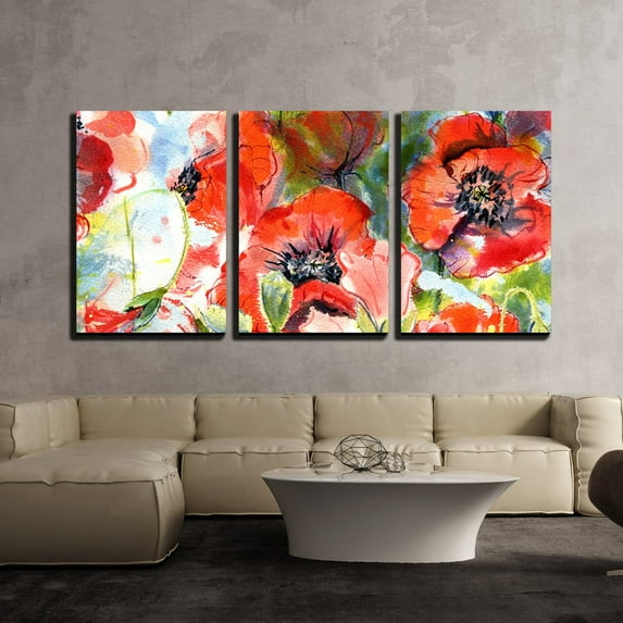 wall26 - Watercolor Poppies Painting - Canvas Art Wall Art - 16"x24"x3 Panels