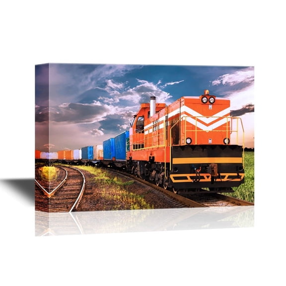 wall26 - Watercolor Style Canvas Wall Art - Freight Train - Gallery Wrap Modern Home Art | Ready to Hang - 24x36 inches