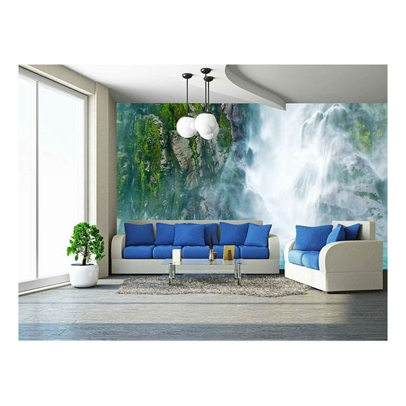 wall26 - Waterfall with Fluffy Stream Fall on The Sea, Milford Sound, Southern Island, New Zealand - Removable Wall Mural | Self-Adhesive Large Wallpaper - 66x96 inches