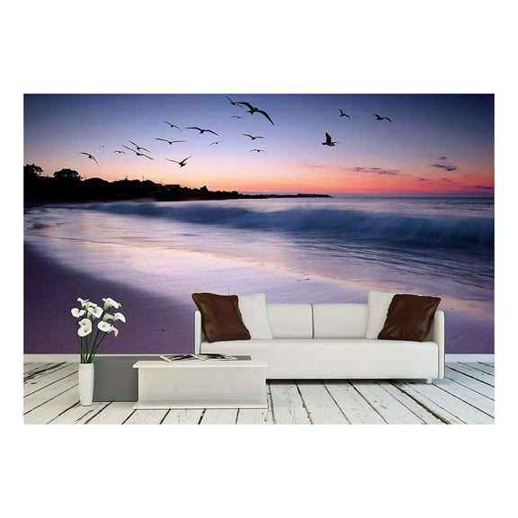 wall26 - Waves Crashing on Beach at Sunset with Birds Flying by - Removable Wall Mural | Self-Adhesive Large Wallpaper - 66x96 inches