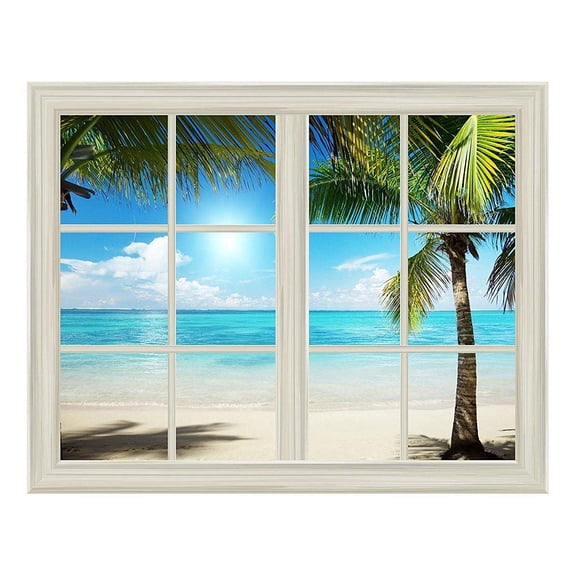 wall26 White Beach and Blue Sea View Window View Mural Wall Sticker - 36"x48"