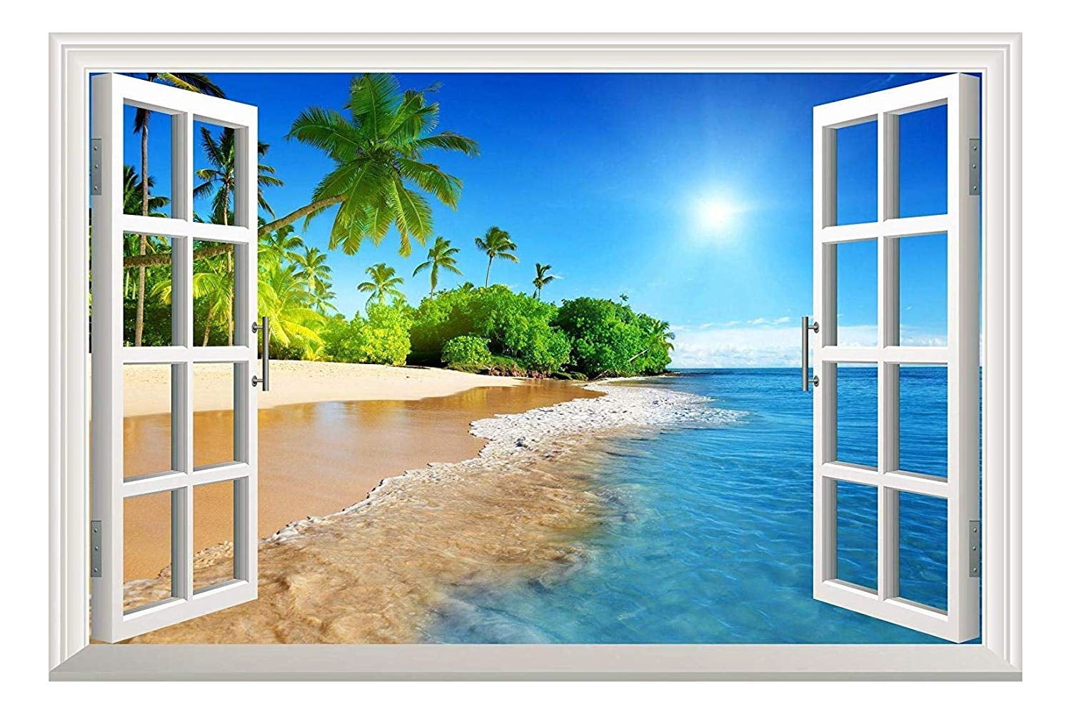 wall26 White Beach with Blue Sea and Palm Tree Open Window Mural Wall Decal Sticker - 36"x48"