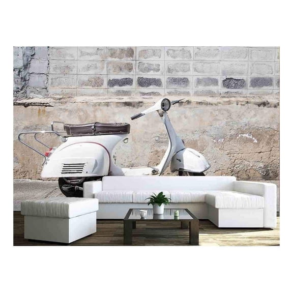 wall26 - White Classic Vespa Scooter Stands Parked Near The Concrete Old Wall - Removable Wall Mural | Self-Adhesive Large Wallpaper - 66x96 inches