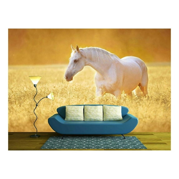 wall26 - White Orlov Trotter Horse in Rye, Golden Sunset - Removable Wall Mural | Self-Adhesive Large Wallpaper - 66x96 inches