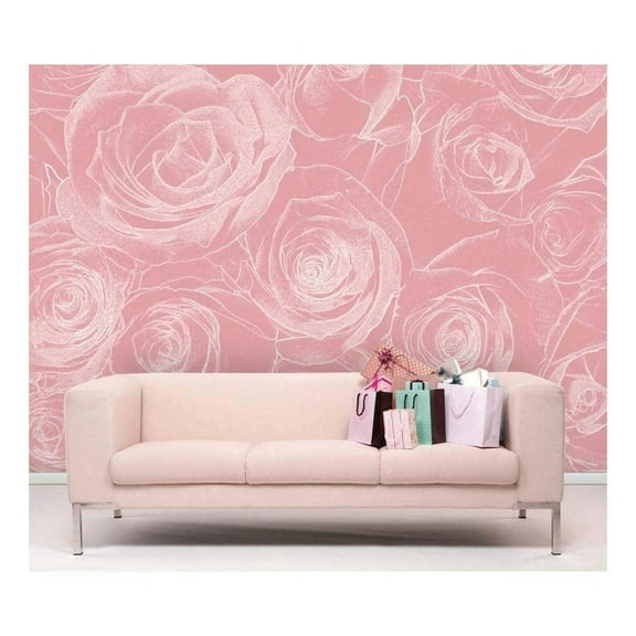 wall26 - White Rose Pattern on a Soft Pink Background, Pastel - Wall Mural, Removable Sticker, Home Decor - 66x96 inches