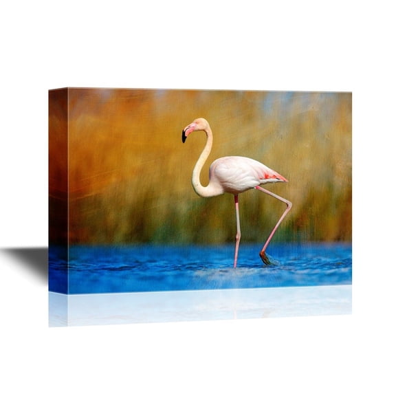 wall26 - Wild Animal Canvas Wall Art - Greater Flamingo, Phoenicopterus Ruber, Pink Big Beautiful Bird in Dark Blue Water - Gallery Wrap Modern Home Art | Ready to Hang - 32x48 inches