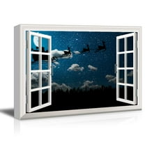 wall26 - Window Frame Style Canvas Wall Art - Santa Claus and The Flying Sledge in The Night Sky - Giclee Print Gallery Wrap Modern Home Art Ready to Hang - 24x36 inches