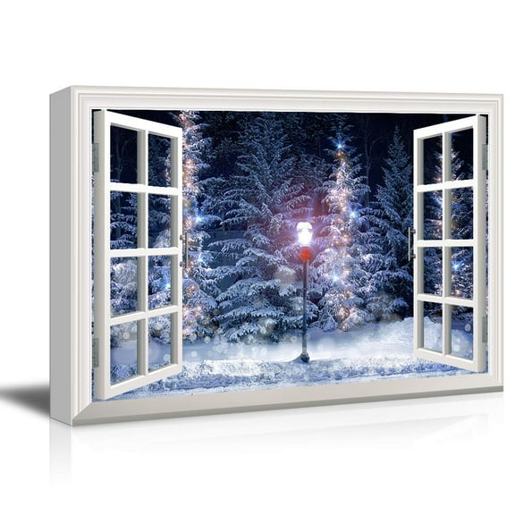 wall26 - Window Frame Style Canvas Wall Art - Snow Covered Pine Trees and Street Lamp During Christmas Season - Giclee Print Gallery Wrap Modern Home Art Ready to Hang - 24x36 inches