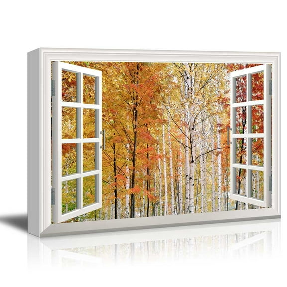 wall26 Window View Canvas Wall Art - Birch Tree Forest in Fall - Giclee Print Gallery Wrap Modern Home Art Ready to Hang - 24x36 inches