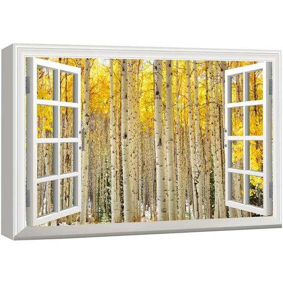 wall26 Window View Canvas Wall Art - Birch Trees with Yellow Leaves - Giclee Print Gallery Wrap Modern Home Art Ready to Hang - 12x18 inches