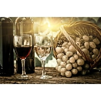 wall26 Wine Bottles Two Glasses and Bunch of Grapes in Basket Against Vineyard in Spring - Canvas Art Wall Art - 32" x 48"