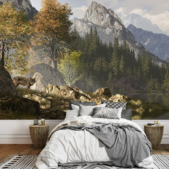 wall26 - Wolf Near a Lake in a Rocky Mountain Landscape. - Removable Wall Mural | Self-Adhesive Large Wallpaper - 66x96 inches