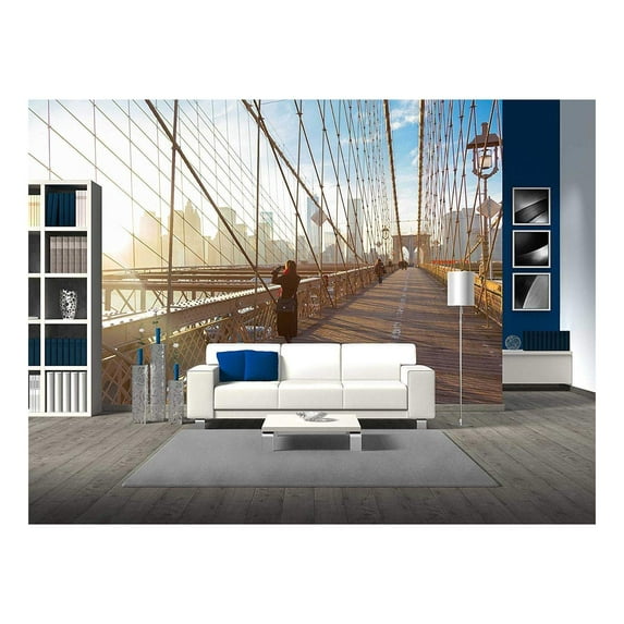 wall26 - Woman Taking a Photo from Brooklyn Bridge. New York City Manhattan Downtown Skyline - Removable Wall Mural | Self-Adhesive Large Wallpaper - 100x144 inches